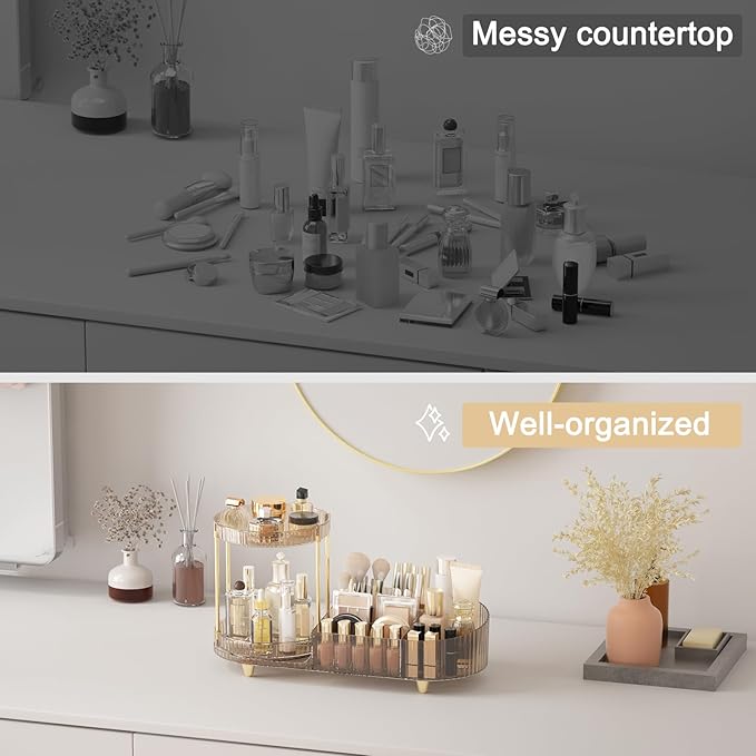 Rotating Makeup Organizer Countertop with Compartment for Vanity, Plastic Vanity Makeup Storage Organizer, 2-in-1 Desk Makeup Holders and Organizers with Perfume Tray for Cosmetics Bathroom