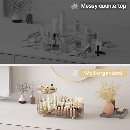 Rotating Makeup Organizer Countertop with Compartment for Vanity, Plastic Vanity Makeup Storage Organizer, 2-in-1 Desk Makeup Holders and Organizers with Perfume Tray for Cosmetics Bathroom