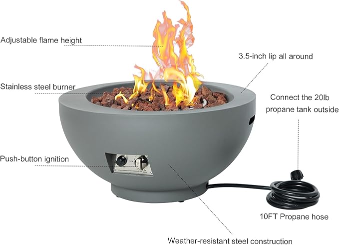 28-Inch Fire Table, 58,000 BTU Oudoor Propane Fire Pit, Patio Round Fire Bowl Gas Firepit with Lid, Lava Rocks, Cover, Pre-Attached 10FT Propane Hose, Gray