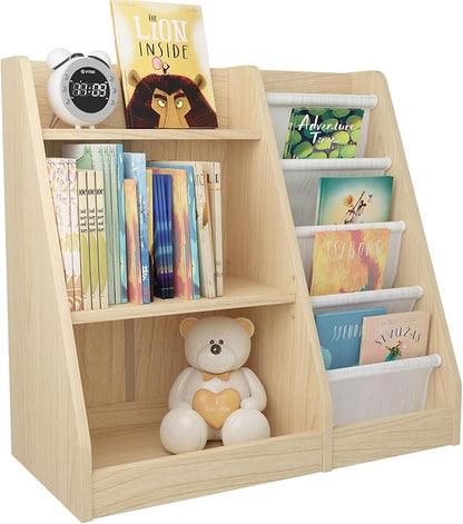 White 3 Tier Kids Bookshelf Toddler Book Rack for Book Toy Storage Organizer Children Bookcase 4 Sling Adjustable Book Display Shelf for Nursery Playroom Kids Baby Bedroom