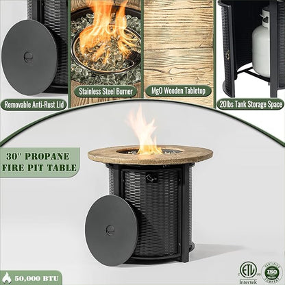 30" Propane Gas Fire Pit Table, 50000 BTU Imitation Wood Grain Finish Round Steel Fire Pit with Lid & Glass 2 in 1 Fire Pit Table Rock for Outside Patio Deck Garden Courtyard