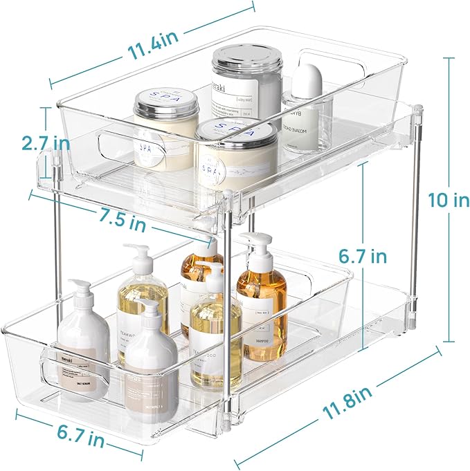 Vtopmart 2 Tier Bathroom Storage Organizer, 2 Pack Clear Under Sink Organizers Vanity Counter Container, Cabinet Drawers Bins, Pull-Out Organization with Track for Pantry, Kitchen