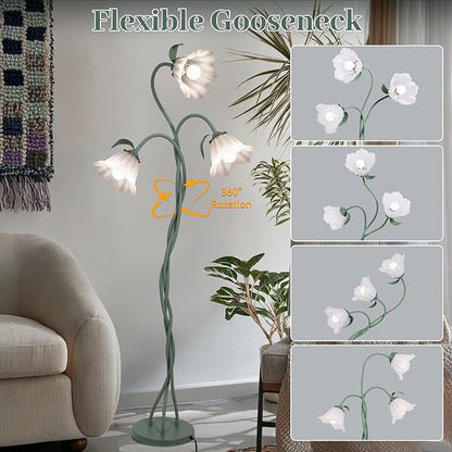 Elaruslux Vintage 3 Heads Flower Floor Lamp with Adjustable Gooseneck Corner Standing Tall Floor Lamp 3 Color Modes for Living Room Bedroom Reading Decoration Vine Floral Lamp with Lily of The Valley