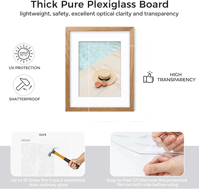 Axeman Solid Oak Wood Frame - 8x10 with Mat for 5x7, Plexiglass and Hanging Hardware Included - Natural, 3 PCs