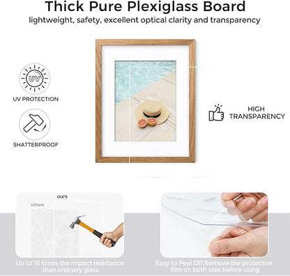 Axeman Solid Oak Wood Frame - 8x10 with Mat for 5x7, Plexiglass and Hanging Hardware Included - Natural, 3 PCs