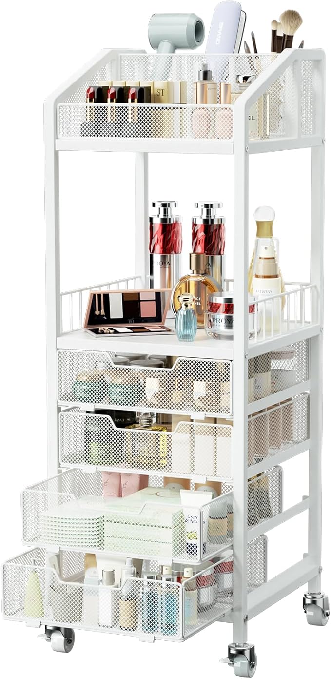 HapiRm Makeup Organizer Storage Cart - Floor Skincare Make Up Storage with 4 Drawers, Rolling Makeup Cart Vanity Organizer Cosmetics Display Cases Holder for Skin Care Perfume Nail Polish