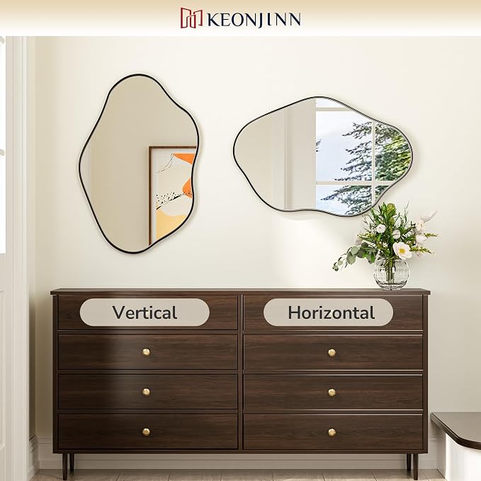 Keonjinn Black Irregular Mirrors for Wall 48" x 24" Inch, Asymmetrical Metal Frame, Tempered Glass Decorative Mirror for Bathroom, Bedroom, Living Room, Entryway(Horizontal/Vertical)