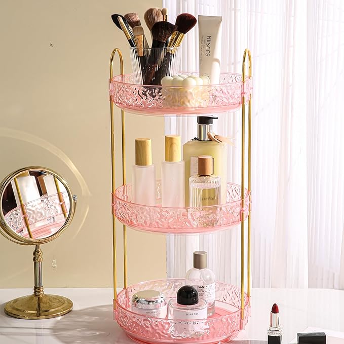 Fangoo 3 Tiers Pink Rotating Makeup Organizer for Vanity, 360 Spinning Skincare Organizers for Dresser Perfume Organizer Large Skincare Make Up Storage Cosmetic Organizer for Bathroom Countertop