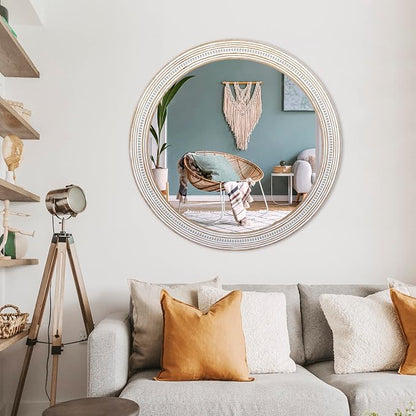 Reflinto 30 Inch Wood Framed Boho Round Mirror for Bathroom, Rustic Farmhouse Decorative Wall Mirrors for Over Sink, Living Room, Foyer, Entryway, Hallway