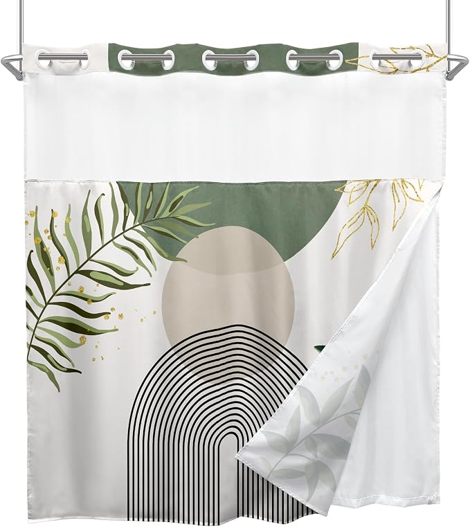 Sage Green Boho No Hooks Shower Curtain with Snap in Liner 72Wx72H Modern Mid Century Abstract Gold Leaves Minimalist Geometric Bathroom Decor Neutral Aesthetic Bath Curtain Fabric Polyester