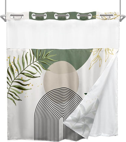 Sage Green Boho No Hooks Shower Curtain with Snap in Liner 72Wx72H Modern Mid Century Abstract Gold Leaves Minimalist Geometric Bathroom Decor Neutral Aesthetic Bath Curtain Fabric Polyester