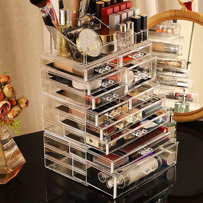 Cq acrylic 4 Pack Clear Skincare Organizer for Vanity,Stackable 11 Drawers Make Up Organizer,Cute Cosmetic Organizer for Vanity Jewelry,Hair Clip,Beauty,Skincare Product Dresser Acrylic Desk Organizer