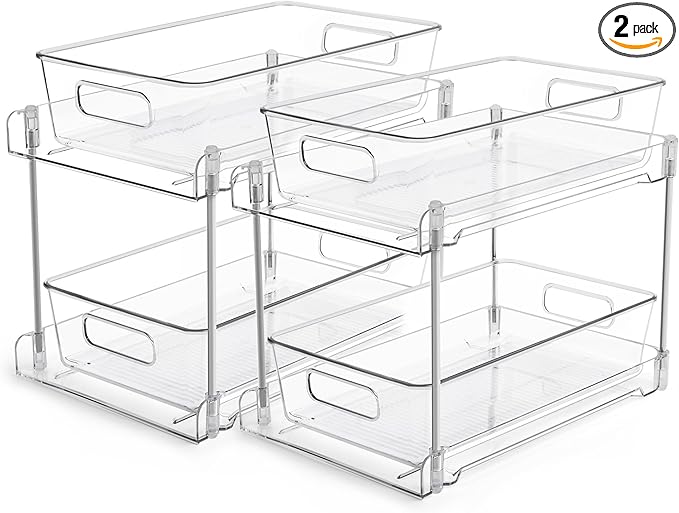 Vtopmart 2 Tier Bathroom Storage Organizer, 2 Pack Clear Under Sink Organizers Vanity Counter Container, Cabinet Drawers Bins, Pull-Out Organization with Track for Pantry, Kitchen