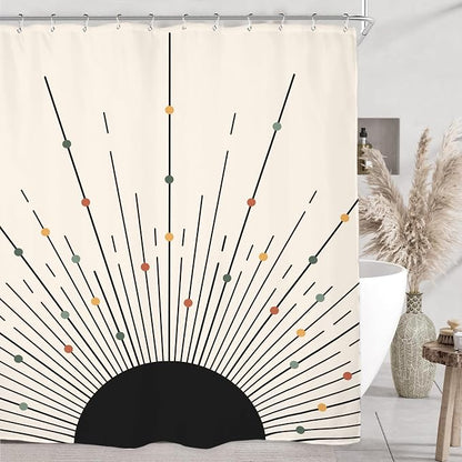 Miyotaa Black Sun Shower Curtain Set 60Wx71H Inches Abstract Minimalist Modern Sunrise Sunset Aesthetic Sunburst Waterproof Bathroom Curtain with 12 Hooks