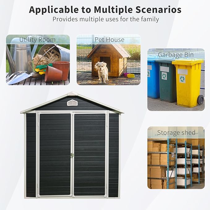 6x8 FT Outdoor Storage Shed, Resin Garden Shed with Thick Floor, Plastic Storage Shed with Window, Waterproof Outside Tool Shed with Lockable Hinged Doors for Backyard, Patio, Lawn, Black