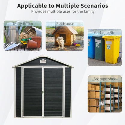 6x8 FT Outdoor Storage Shed, Resin Garden Shed with Thick Floor, Plastic Storage Shed with Window, Waterproof Outside Tool Shed with Lockable Hinged Doors for Backyard, Patio, Lawn, Black