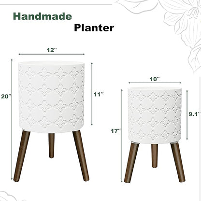 Planter with Stand,Set of 2 – Large Indoor Plant Pots & Drainage, Matte White