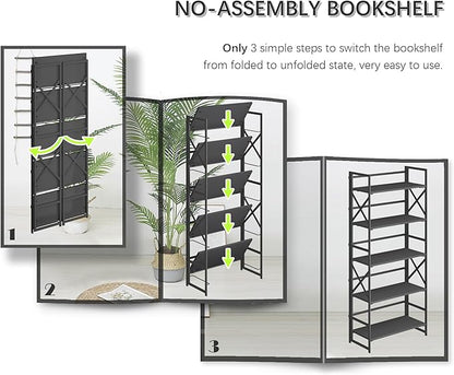 4NM 5 Tiers No Assembly Book Shelves, 51.2" H Folding Bookshelf Bookcase Open Industrial Foldable Shelves for Bedroom, Living Room, Home Office - All Black
