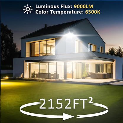 100W Flood Lights Outdoor,9000LM Bright Work Light Plug in,6500K Daylight White LED Flood Light Outdoor, IP66 Waterproof Exterior Floodlight for Yard Garage Stadium 2 Pack