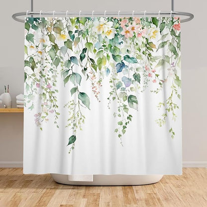 Sage Green Eucalyptus Shower Curtain Watercolor Botanical Floral Leaves Shower Curtain Set Spring Nature Bathroom Decor with 12 Hooks,72x96 Inches
