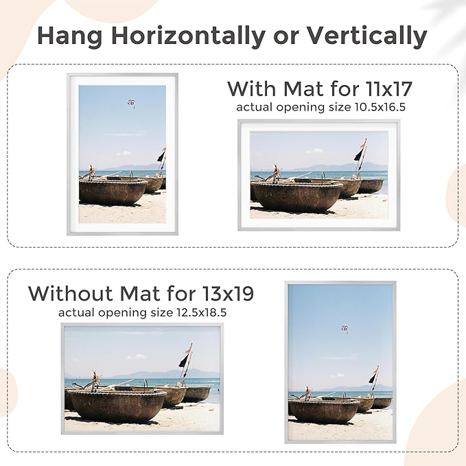 13x19 Metal Picture Frame for Wall With Mat for 11x17, 13''x19'' Aluminum Photo Frames With Tempered Glass for Home Decor, Minimalist Modern Poster Frame Horizontal And Vertical Formats, 3 PCs, Silver