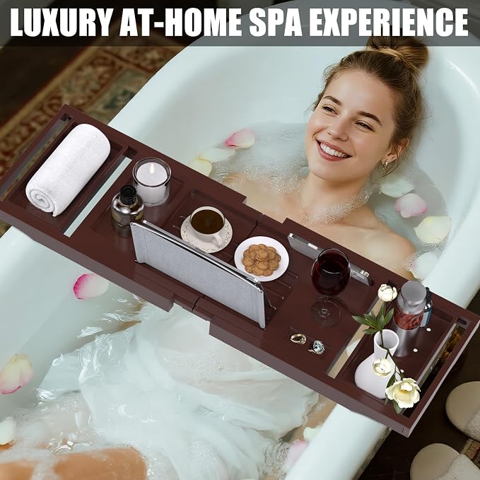 Bathtub Tray Caddy, Expandable Bath Trays for Tub, Bamboo Shelf & Table with Wine Glass Holder,Bathroom Accessories for New Home & Mothers Day & Birthday Gifts for Mom,Brown