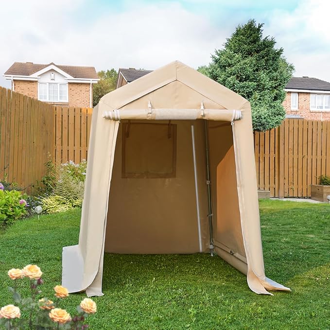 ADVANCE OUTDOOR 6X8 ft Outdoor Portable Storage Shelter Shed with 2 Rolled up Zipper Doors & Vents Carports for Motorcycle Waterproof and UV Resistant Portable Garage Kit Tent, Beige
