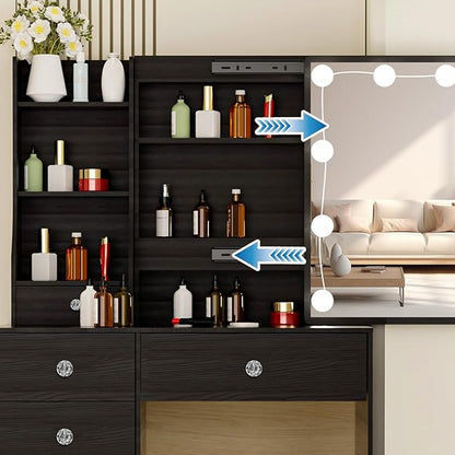 Black Vanity Desk with Sliding Mirror and Light, Small Makeup Vanity Table with 5 Drawers and Cushioned Stool for Bedroom, Makeup Vanity Set for Bedroom