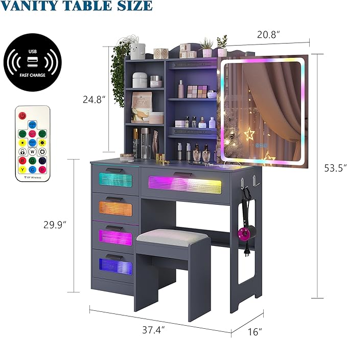 Vanity Desk with Lights and Sliding Mirror, Makeup Vanity Desk with Charging Station, Vanitys Dressing Table with Stool,LED Vanity Set with Large Drawers&Shelves for Bedroom, Decor, Grey