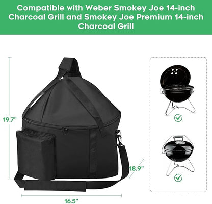 EZ-DONGTENG Portable Grill Carry Bag Compatible with Weber Smokey Joe 14-inch Charcoal Grill and Smokey Joe Premium 14-inch Charcoal Grill, with Pocket, Handle and Shoulder Strap, Black