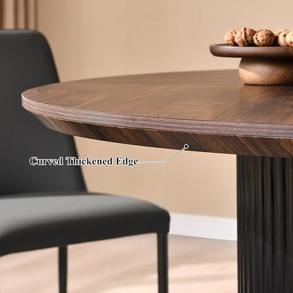 T4TREAM 47" Fluted Round Dining Table for 4-6, Mid-Century Modern Kitchen Table with Thickened Edge & Cylindrical Base for Dining Room, Kitchen, Living Room,Walnut & Black(Table Only)