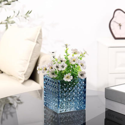 Square Vases Set of 6, 4" x 4" x 4" Square Glass Vases for Flowers, Blue Flower Vase for Centerpieces, Small Bubble Vase for Wedding, Party, Home, Office, Parties, Events