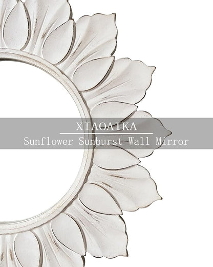 Sunflower Sunburst Wall Mirror, 26" Distressed White Wooden Frame, Handcrafted Petal Floral Design, Vintage Farmhouse Style Mirror for Wall Decor for Living Room, Bedroom, Bathroom, Vanity