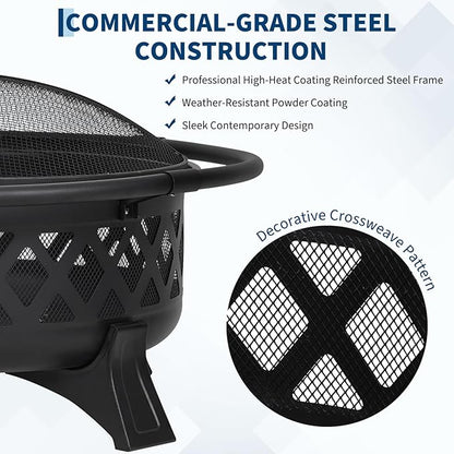 Outdoor Fire Pit 36 Inch Large Wood Burning with Lid Poker, Heavy Duty Round BBQ Firepit & Cold Rolled Steel for Outside, Patio, Picnic, Party