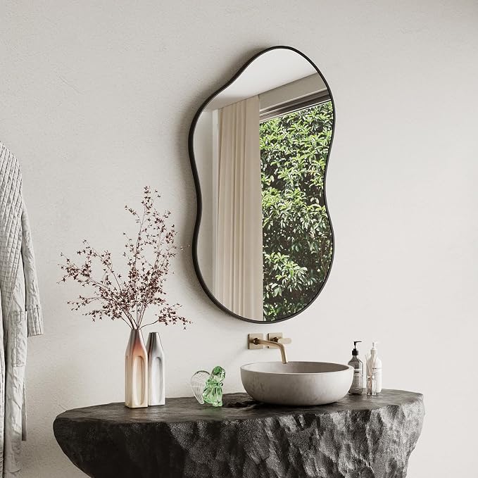 Irregular Wall Mirror - 26''×46'' Asymmetrical Decorative Tempered Glass Aluminum Alloy Framed Mirrors Cloud Mirror Wavy Mirrors for Bathroom, Bedroom, Living Room, Entryway（Black）