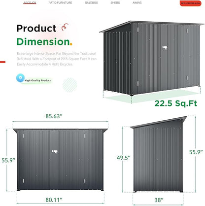 AECOJOY 7x3 Storage Shed, Lean to Bike Sheds & Outdoor Storage Clearance, 3x7 Storage Metal Garden Sheds, Small Metal Outdoor Storage Cabinet Weatherproof for Bikes in Dark Grey