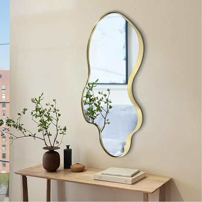Irregular Wall Mirror, 30"x18" Asymmetrical Decorative Accent Mirror with Gold Metal Frame, Organic Shape Mirrors for Entryway Bedroom Living Room, Horizontal or Vertical Hanging ﻿