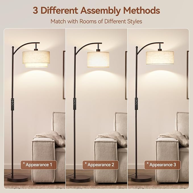 SUNMORY Floor Lamps for Living Room with 12W Remote and Dimmable Bulb, LED Arc Lamp, Modern Floor Lamps with Adjustable Double Fabric Shades, Tall Standing Lamp for Bedroom, Corner, Home Decor