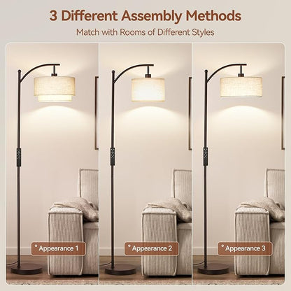 SUNMORY Floor Lamps for Living Room with 12W Remote and Dimmable Bulb, LED Arc Lamp, Modern Floor Lamps with Adjustable Double Fabric Shades, Tall Standing Lamp for Bedroom, Corner, Home Decor