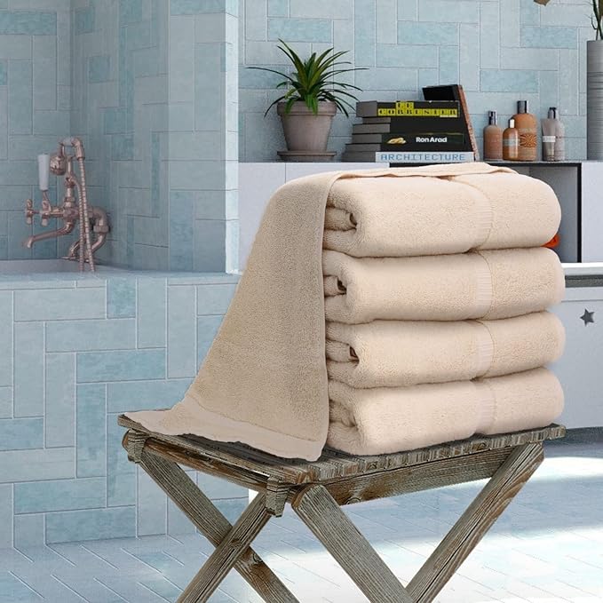 Luxury Hotel & Spa Towel 100% Genuine Turkish Cotton Bath Towels - Beige - Dobby Border - Set of 4