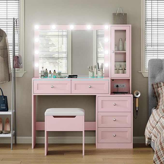 Pink Vanity Desk with Illuminated Mirror & Power Outlet,Vanity with RGB Light Strip and 12 LED Lights,Vanity Table with Chair,Set 3 Lighting Modes Brightness Adjustable