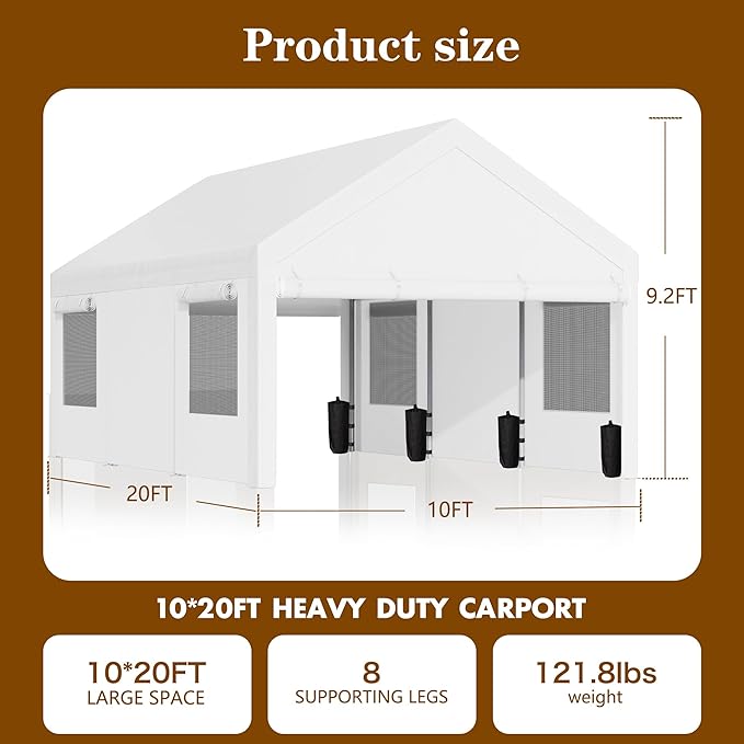 Walsunny Carport 10x20ft Heavy Duty Carport Canopy with Roll-up Ventilated Windows, Portable Garage with Removable Sidewalls, Car Canopy with All-Season Tarp for Car, SUV, Truck, Boat