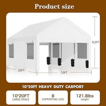 Walsunny Carport 10x20ft Heavy Duty Carport Canopy with Roll-up Ventilated Windows, Portable Garage with Removable Sidewalls, Car Canopy with All-Season Tarp for Car, SUV, Truck, Boat