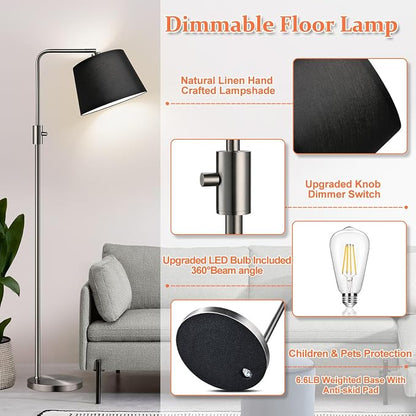 Nintiue 【Upgraded】 Dimmable Floor Lamp, 1000 Lumens LED Edison Bulb Included, Brushed Nickel Arc Floor Lamps Modern Standing Lamp with Black Shade, Tall Lamps for Living Room Bedroom