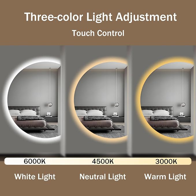 Modern Smart Anti-Fog Bathroom Mirror with Lights, Half Moon LED Wall Mirror, 3 Colors Dimmable Makeup Vanity Mirror, Large Frameless Decorative Mirror for Living Room(Right Cut,39"x28")
