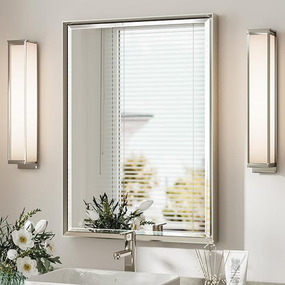 Brushed Nickel Bathroom Mirror, 22x30 Inch Beveled Framed Bathroom Mirror Anti-Rust, Brushed Nickel Metal Frame Bathroom Vanity Mirror for Wall, Vertical/Horizontal Wall-Mounted Mirrors