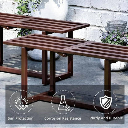 Plant Stand Indoor Outdoor, Foldable Metal Plant Shelf for Multiple Pots, Mid Century Slatted Bench for Patio Garden, Heavy Duty Capacity 330 lbs 2 Pack Coffee