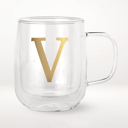 COLLECTIVE HOME - Double Walled Glass Coffee Mugs, Insulated Coffee Mug with Handle, Personalized Gifts for Women, Men, Christmas, 14 oz Monogram Cups (V)