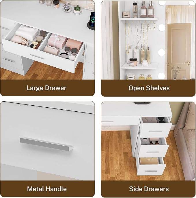 Large Makeup Vanity, 42.1" Vanity Desk with Mirror and Lights, Makeup Vanity Table with 7 Drawers, 4 Shelves, 5 Jewel Hooks & Power Strip, Vanity Desk Set for Bedroom, White