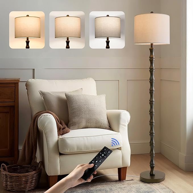 BOBOMOMO 62" Rustic Farmhouse Floor Lamp Dark Brown with Remote & Dimmable 9W Bulb, 3 Color Temperatures Resin Standing Lamp, Retro Tall Lamp for Living Room, Bedroom, Nursery, Office, Reading Nook